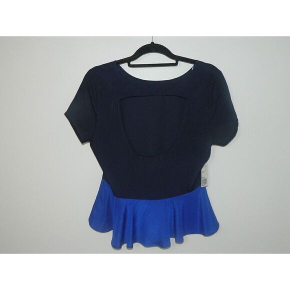 Rory Beca Forever 21 Blouse Size Large Blue Black Colorblock Peplum Open Back - Picture 2 of 7